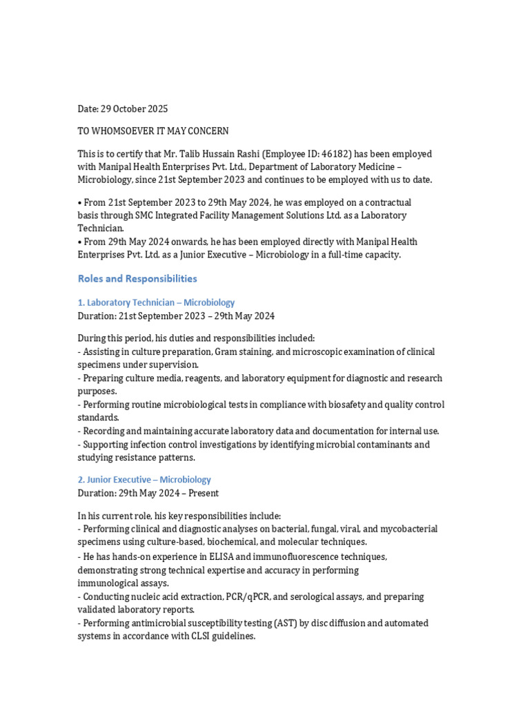 Employment Certificate for Talib Rashi | PDF | Polymerase Chain ...