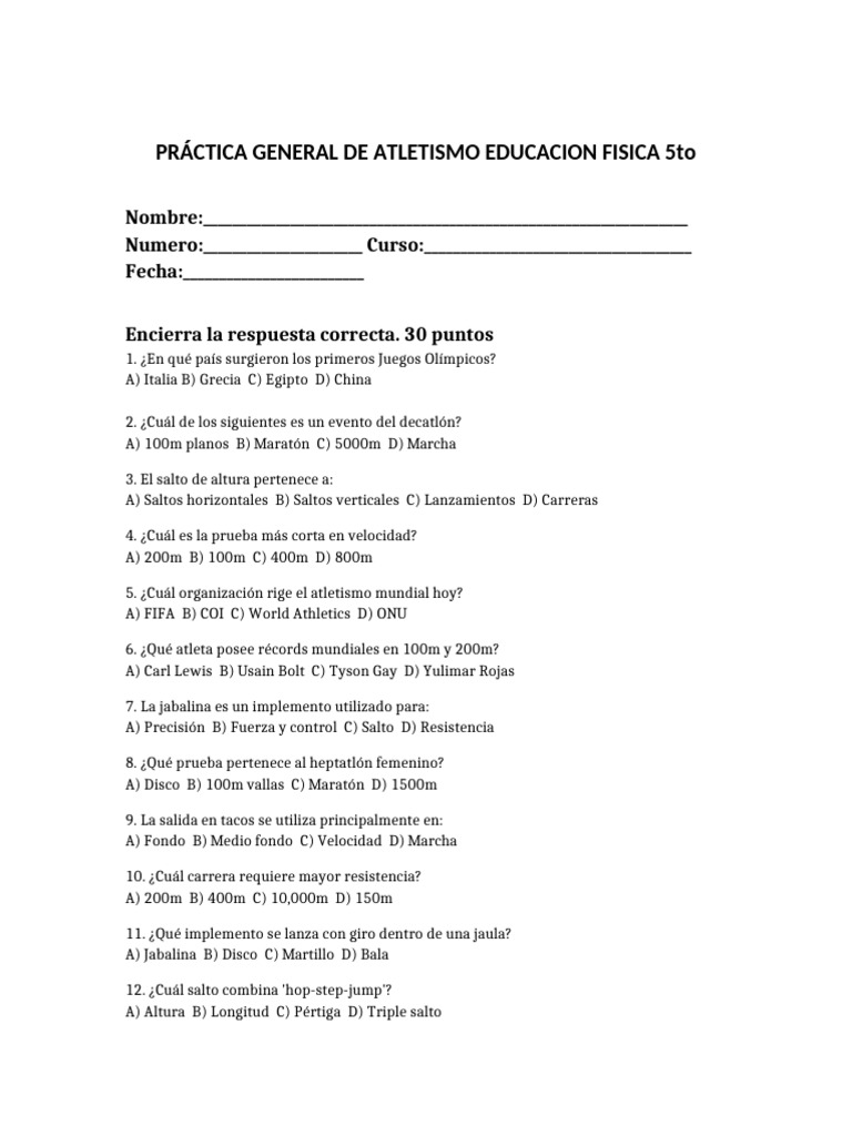 Cuestionario de Atletismo para Educación Física | PDF | Deporte del ...
