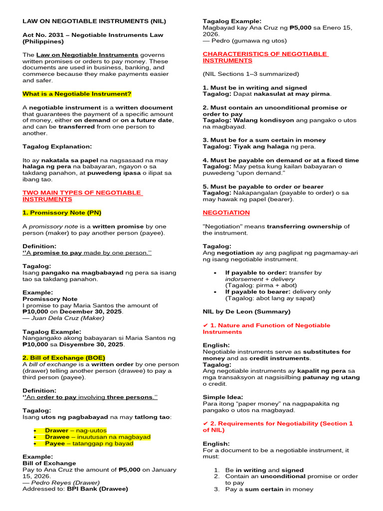 Negotiable Instruments Law Overview | PDF | Negotiable Instrument ...