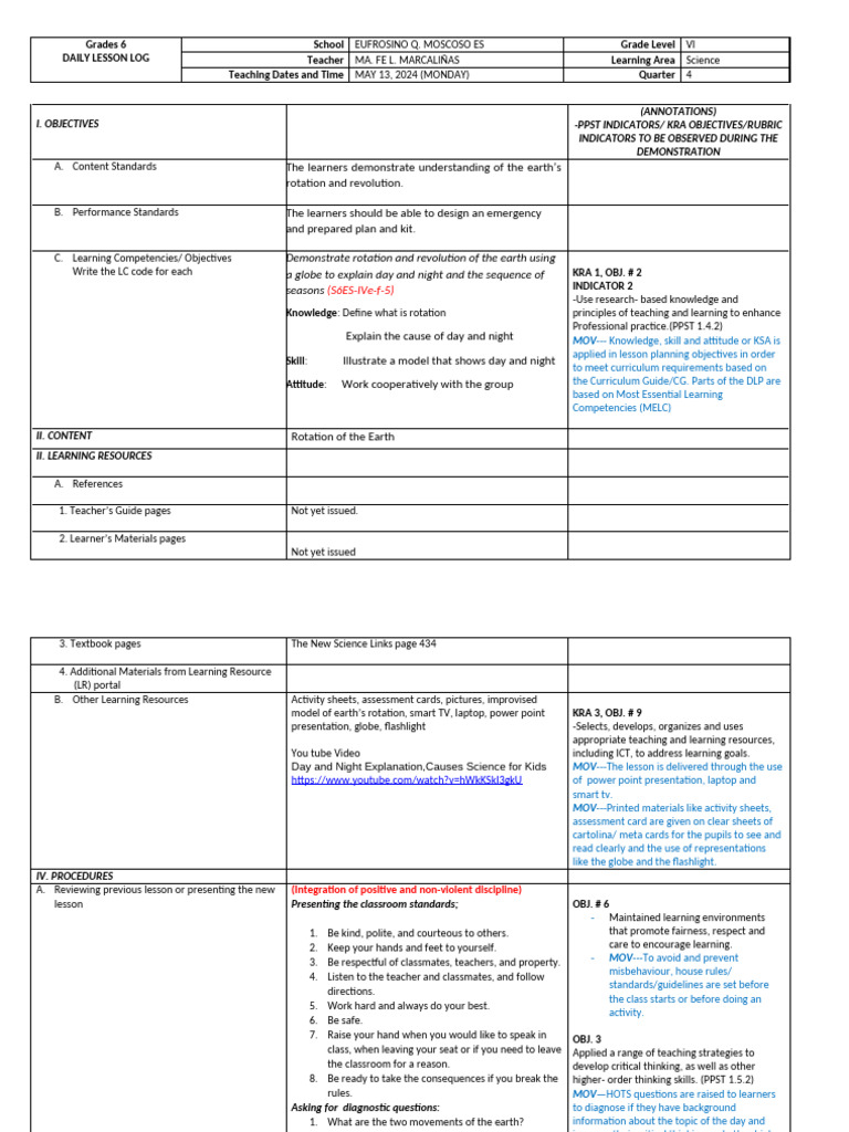 Grade 6 Science Lesson on Earth's Rotation | PDF | Learning | Curriculum