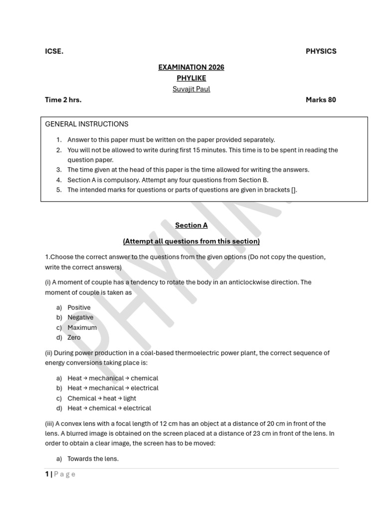 ICSE Physics Exam 2026 Sample Paper | PDF | Refraction ...