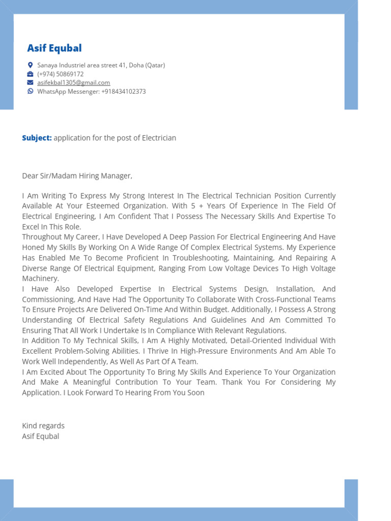 Electrician Application by Asif Equbal | PDF