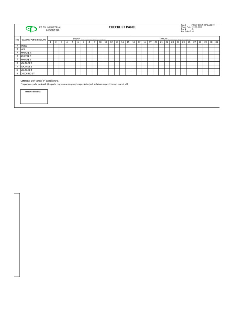 Checklist Panel Listrik Bulanan | PDF