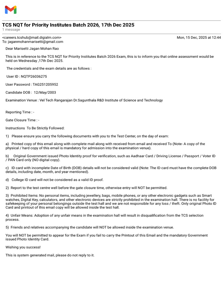 TCS NQT Exam Details for Batch 2026 | PDF | Identity Document ...