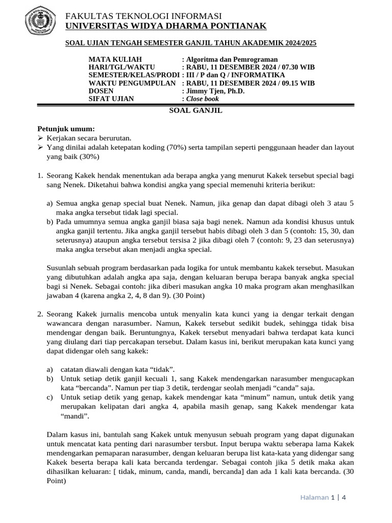 Soal Ujian Algoritma dan Pemrograman 2024 | PDF