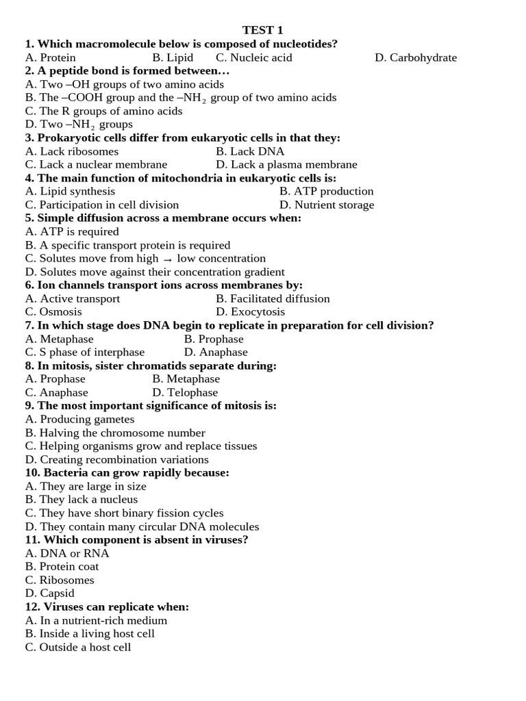 TEST 1 | PDF | Cell (Biology) | Cell Membrane