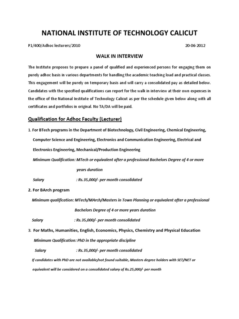 Notification NIT Calicut Faculty | PDF