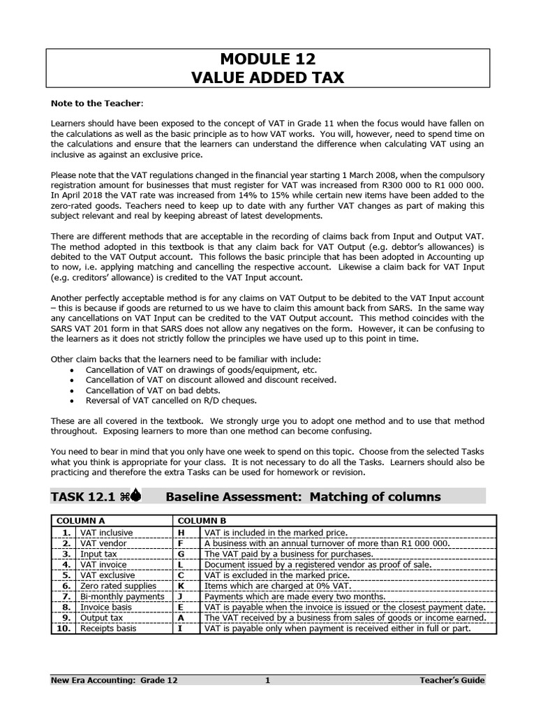 Grade 12 VAT Teacher's Guide | PDF | Value Added Tax | Debits And Credits