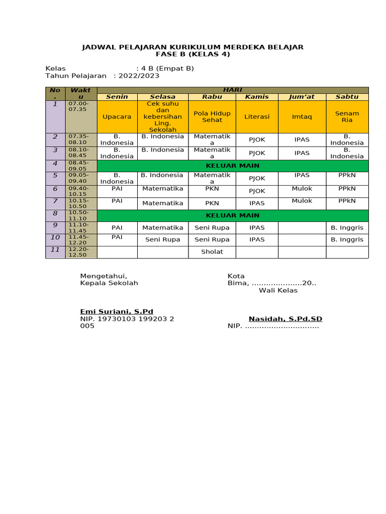 Jadwal Pelajaran Kurikulum Merdeka Belajar | PDF