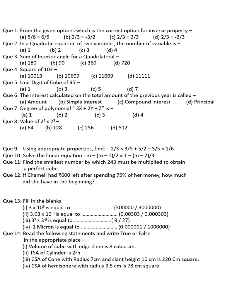 Math Practice Questions and Answers | PDF | Equations | Variable ...