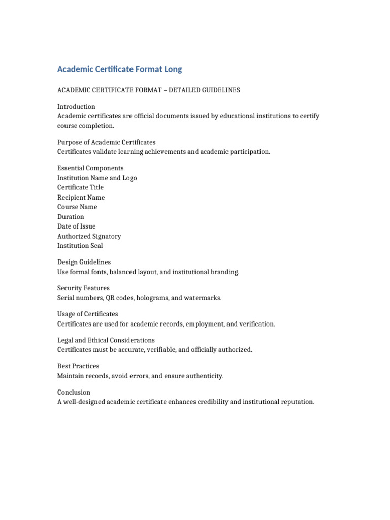 Academic Certificate Format Guidelines | PDF