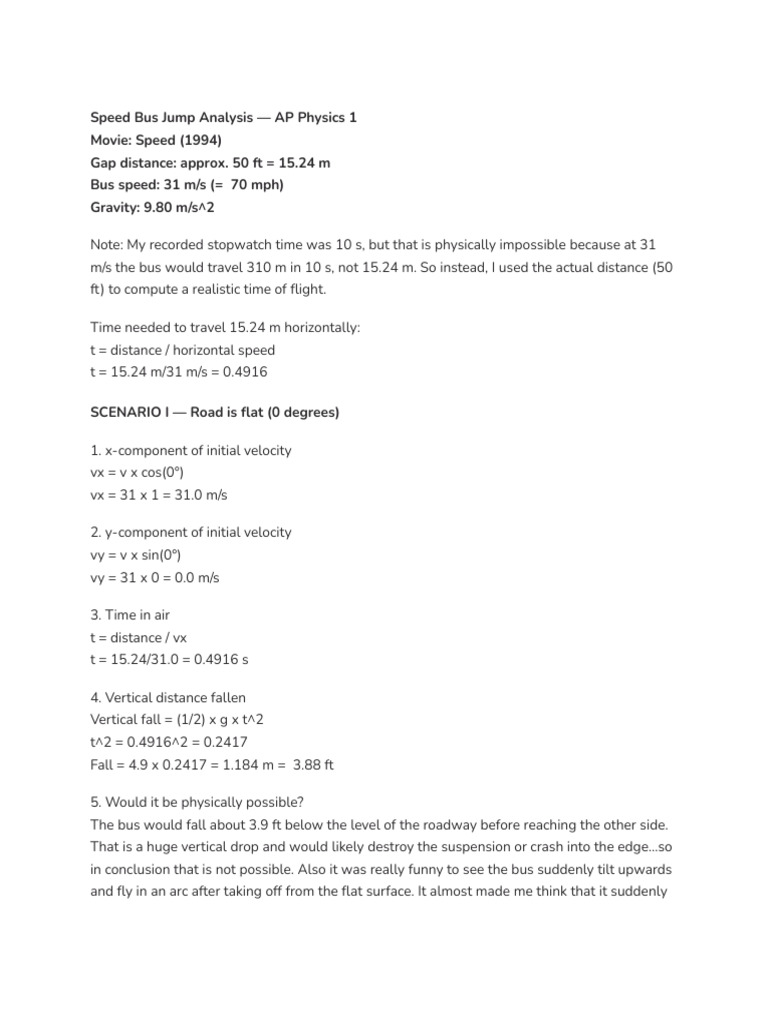 Speed Bus Jump Analysis AP Physics 1 | PDF