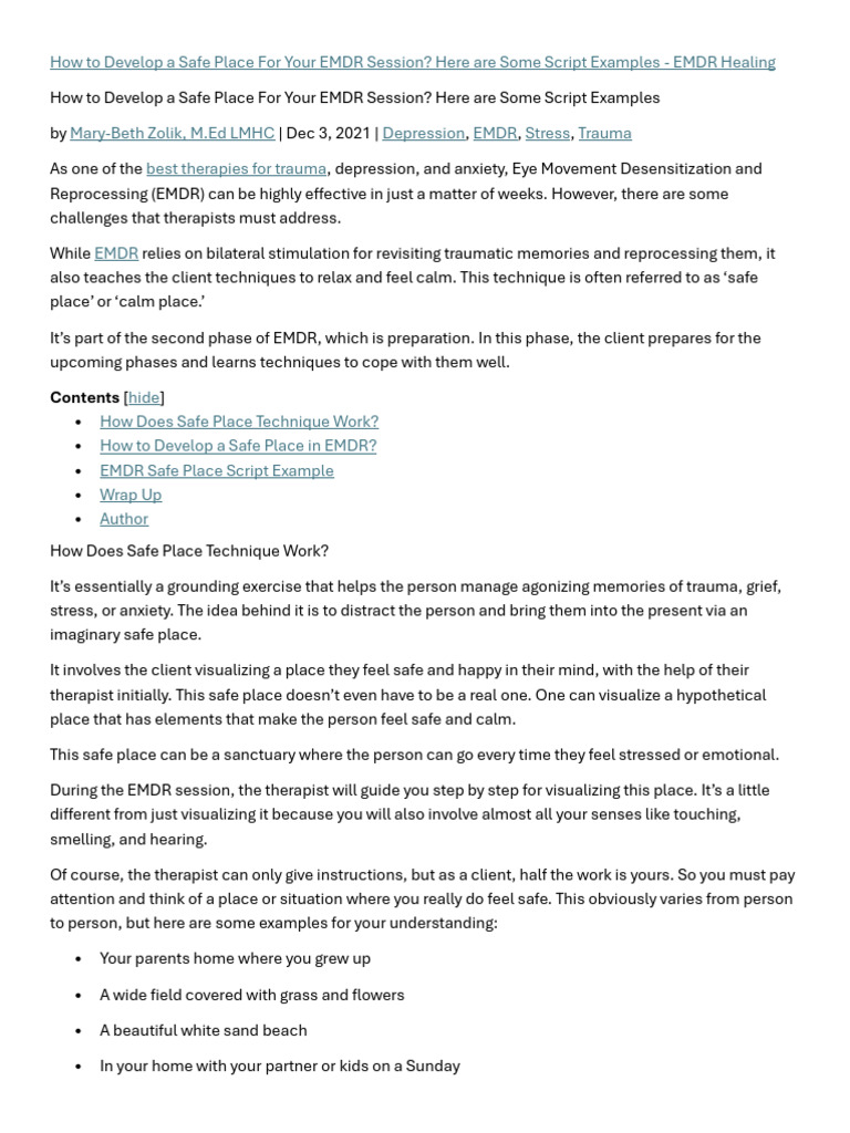 EMDR Safe Place Development Guide | PDF | Eye Movement Desensitization ...