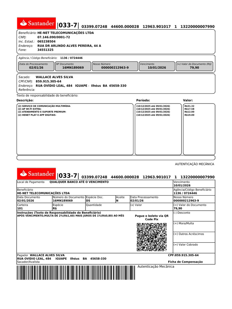 Boleto HE-NET Telecom R$79,90 Venc. 10/01/26 | PDF | Tecnologia ...