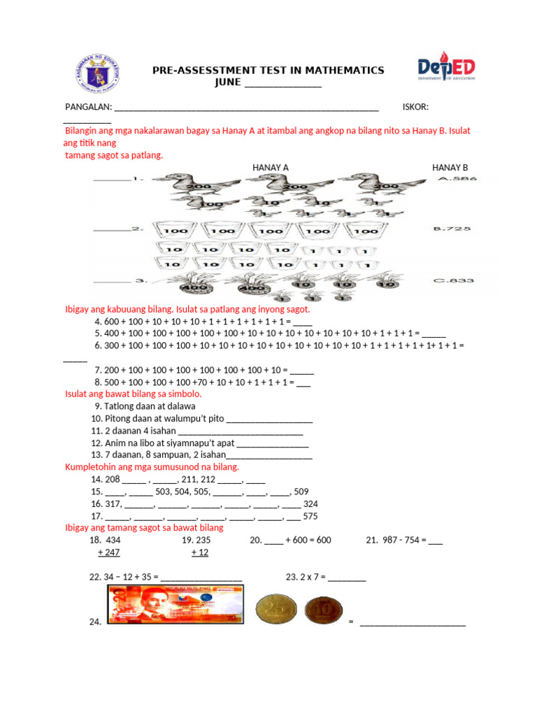 Grade 2 Pre Test in Math | PDF