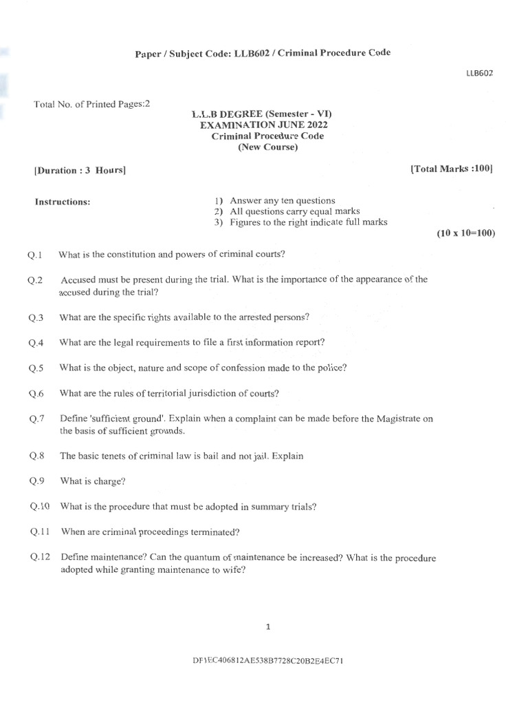 Criminal Procedure Code Exam Questions | PDF | Criminal Procedure In ...