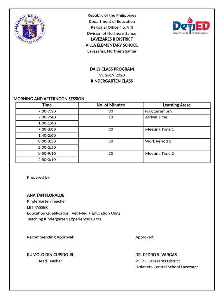 Kindergarten Daily Class Program 2019-2020 | PDF