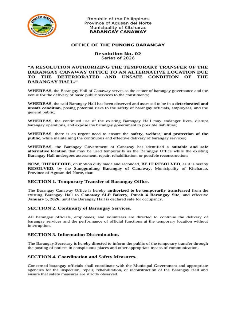 Temporary Transfer of Barangay Office | PDF