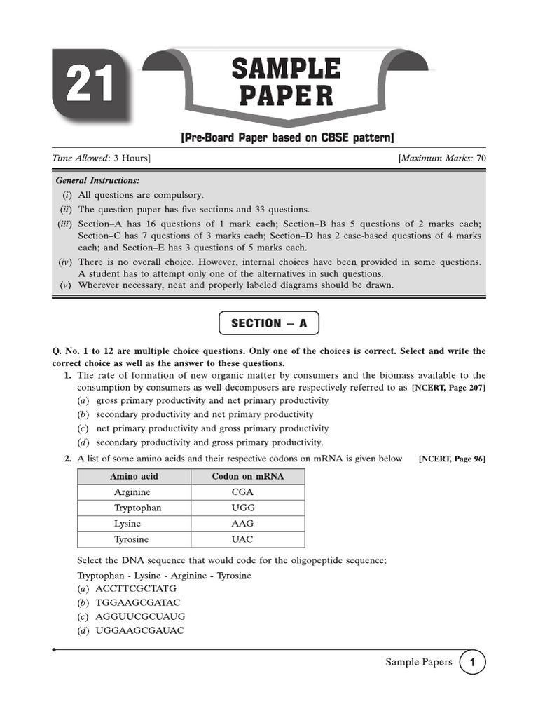 Cbse Cl12 Ead Biology 2026 Edition Pre-Board Paper 21 | PDF