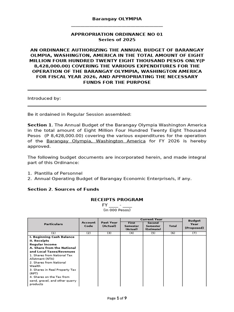 Barangay Appropriation Ordinance_Template | PDF | Budget | Expense