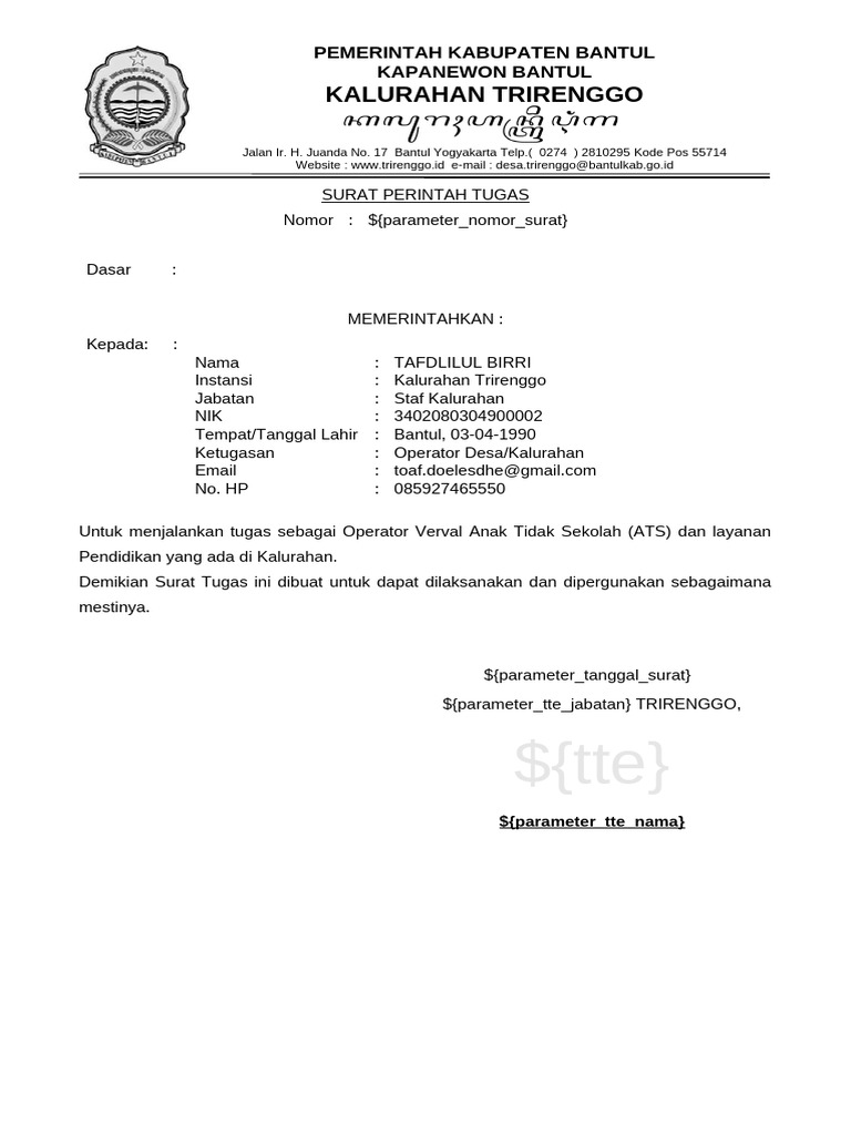 Surat Tugas Operator Verval ATS Trirenggo | PDF