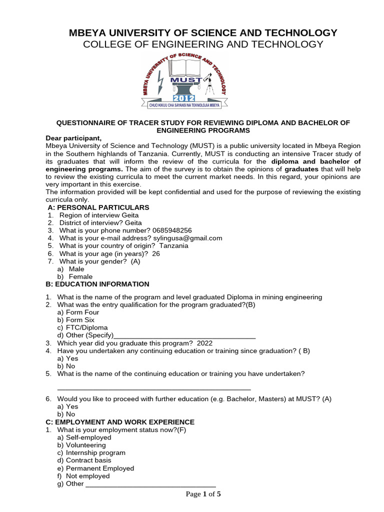 Tracer Study Questionnaire for Engineering Graduates | PDF ...