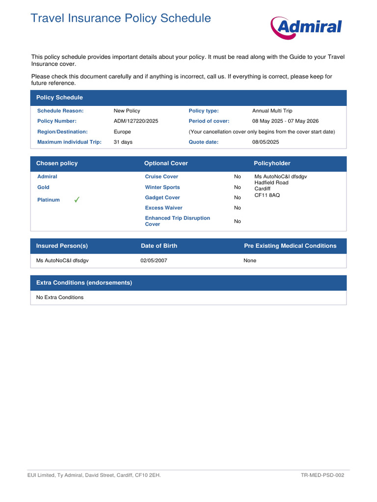 Travel Insurance Policy Schedule 2025 | PDF | Insurance