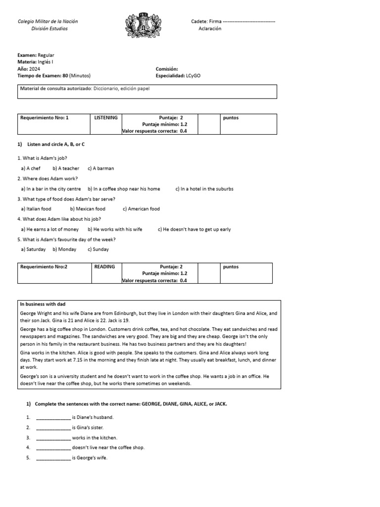 2do Examen Parcial Inglés i – 2024 (1) | PDF | Drink | Meal