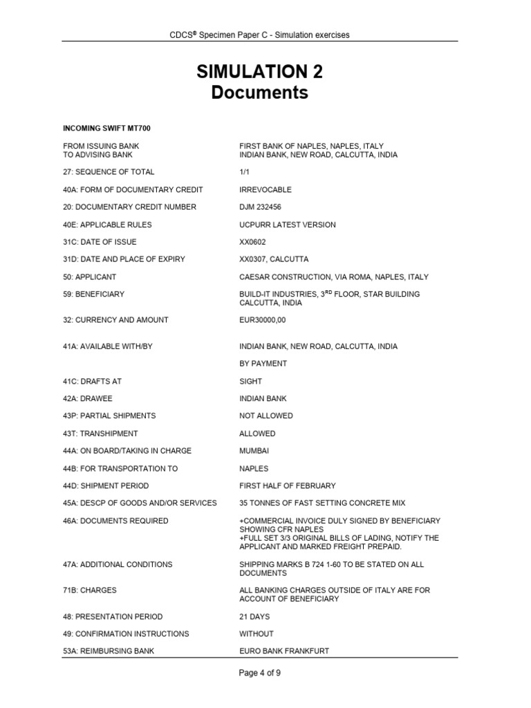CDCS® Specimen Paper C: SWIFT MT700 Simulation | PDF | Cargo | Bill Of ...