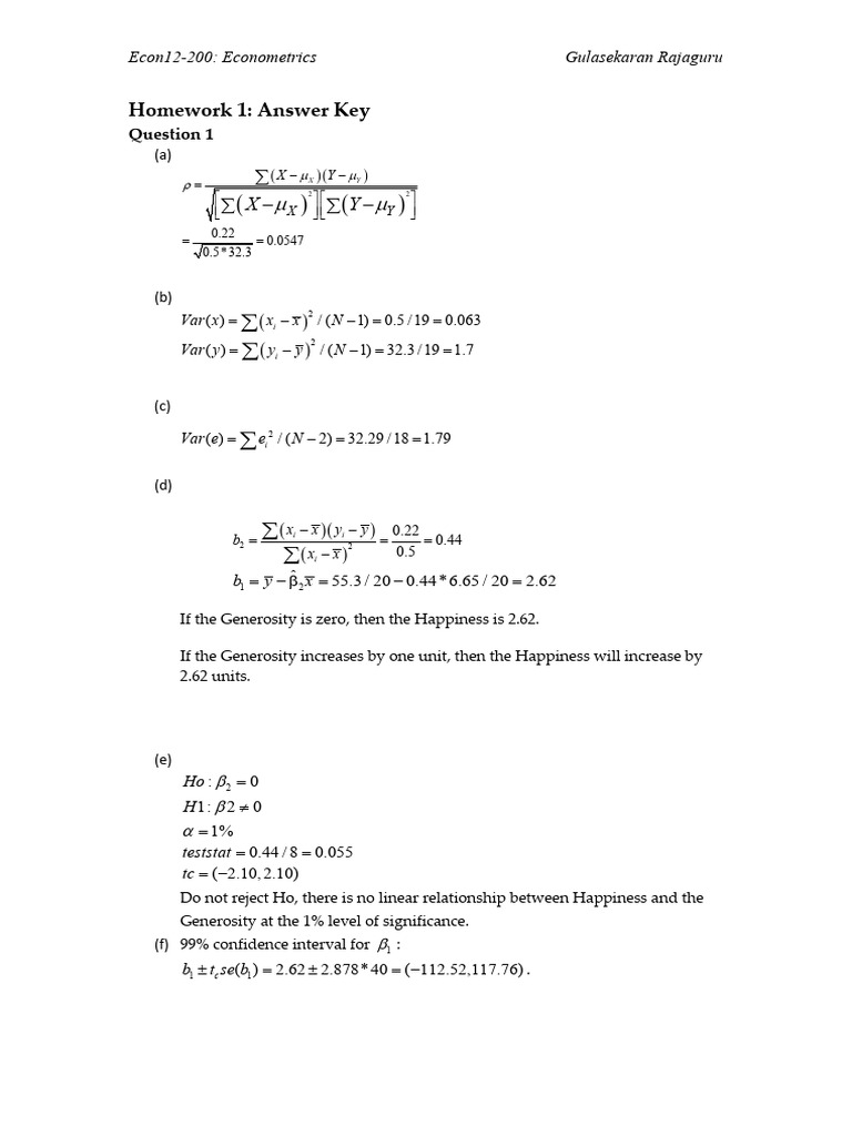 Econometrics Homework 1 Answer Key | PDF | Econometrics
