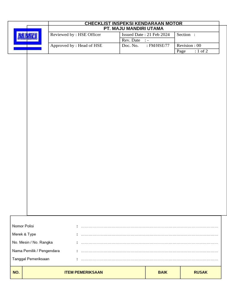 Checklist Inspeksi Kendaraan Motor | PDF