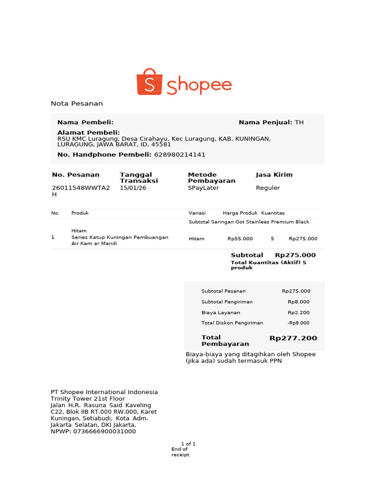 Nota Pesanan Shopee: Rincian Pembelian | PDF