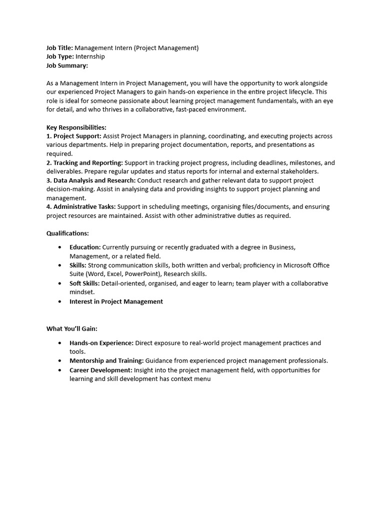 Project Management Intern Opportunity | PDF