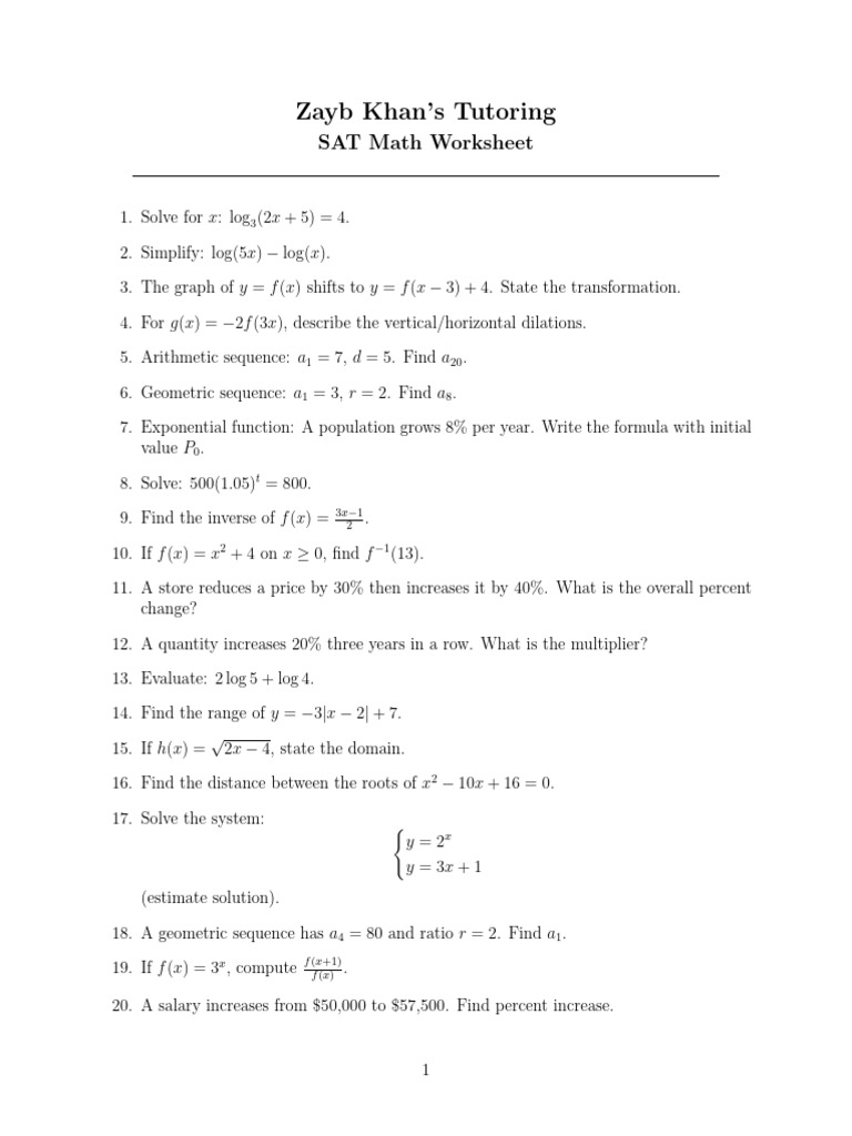 SAT Math Worksheet for Tutoring | PDF