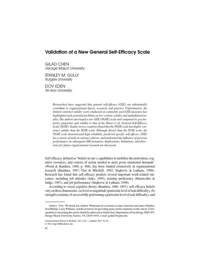 New General Self-Efficacy Scale Validation | PDF | Self Efficacy ...