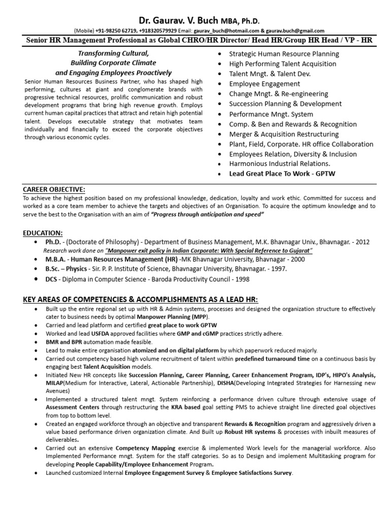 Senior HR Management Professional Profile | PDF | Employee Retention ...