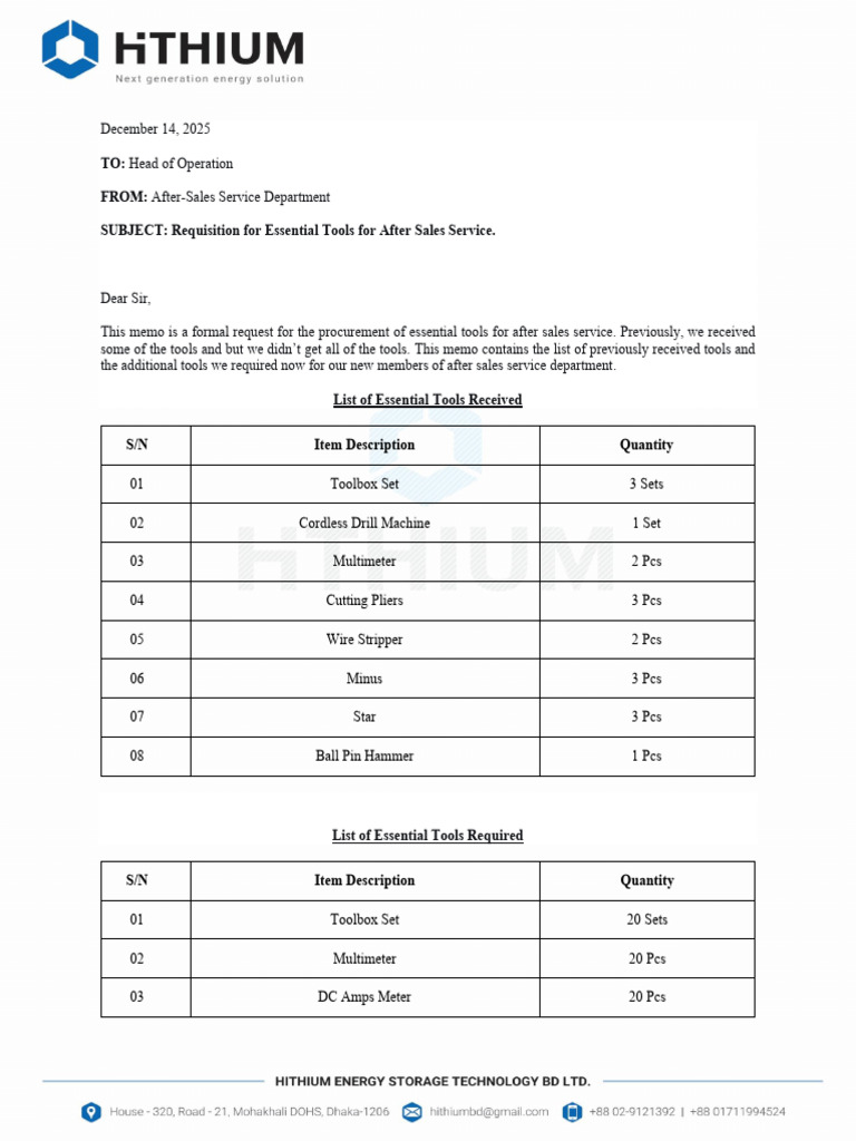 After-Sales Tool Procurement Request | PDF | Tools | Equipment