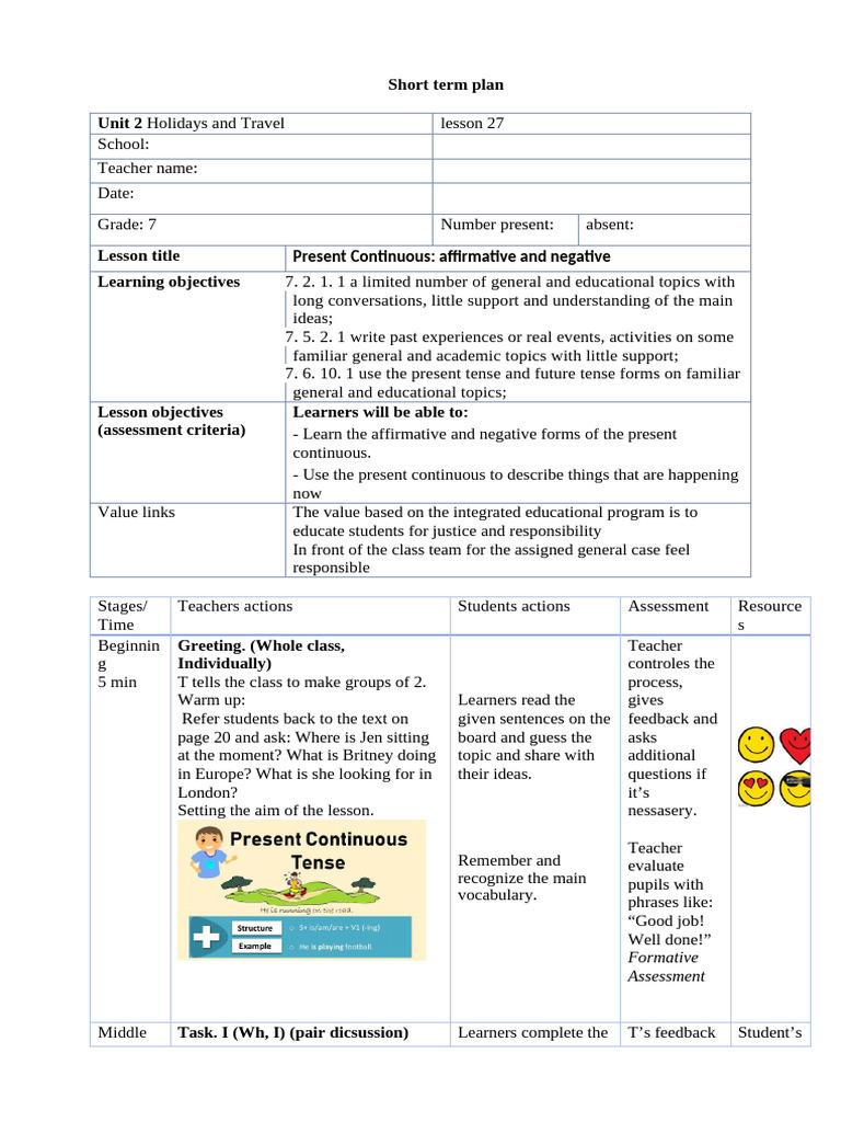 Present Continuous Lesson Plan for Grade 7 | PDF | Syntax | Linguistics