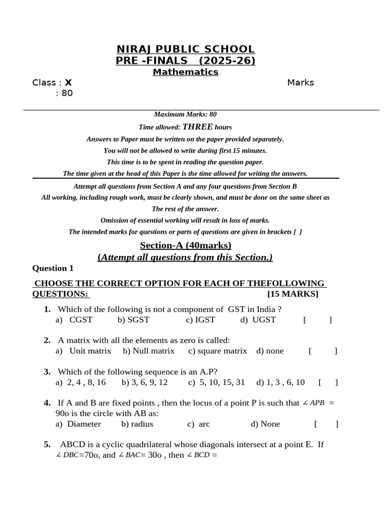 Class X Math Pre-Finals 2025-26 Exam | PDF | Circle | Geometry
