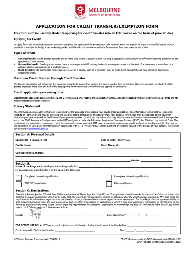MIT - Application for Credit Transfer or Exemption Form | PDF | Justice ...