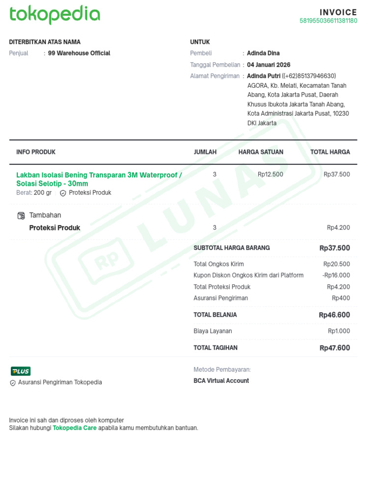 Invoice Pembelian Lakban 3M Adinda | PDF
