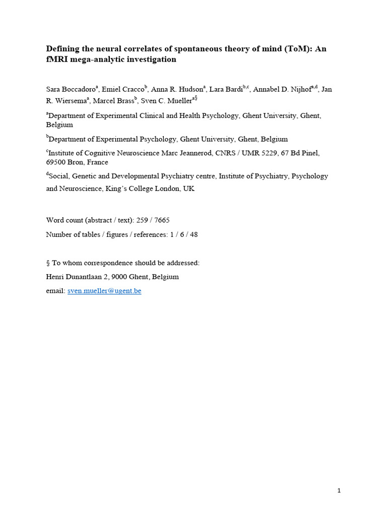Neural Correlates of Spontaneous ToM | PDF | Theory Of Mind ...