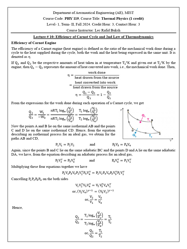 10. Efficiency of Carnot Cycle and 2nd Law of Thermodynamics | PDF ...