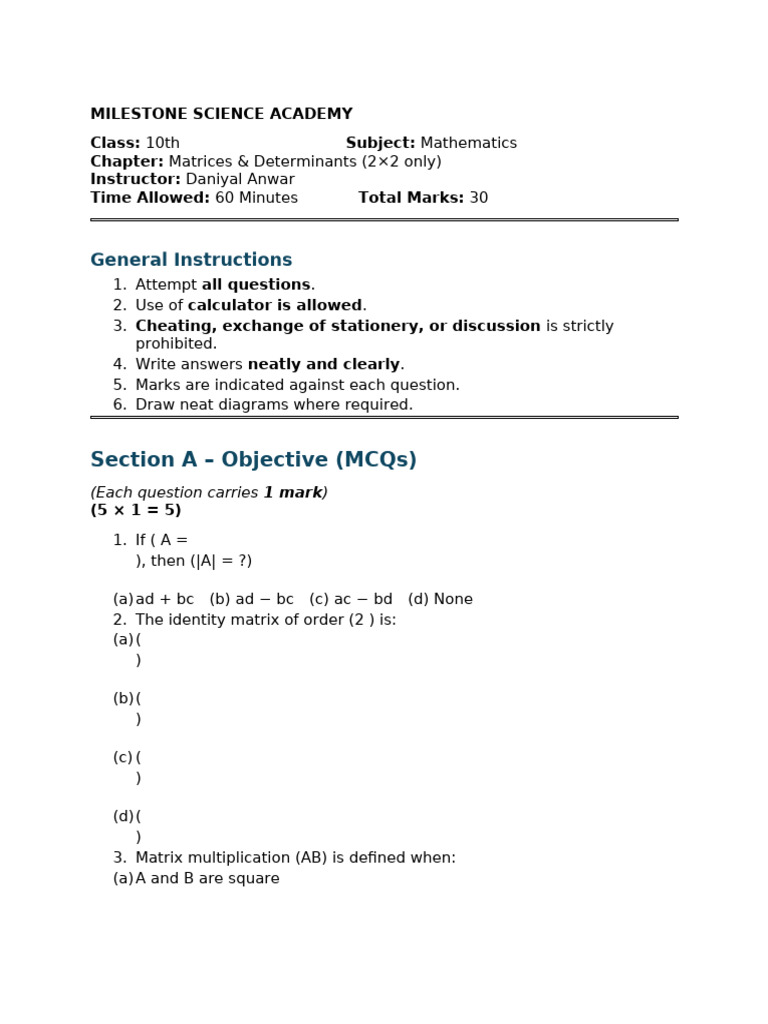 10th Grade Math: Matrices & Determinants Exam | PDF