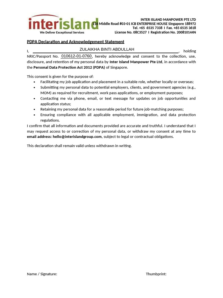 Inter Island Manpower Consent Form | PDF | Travel Visa | Government And ...
