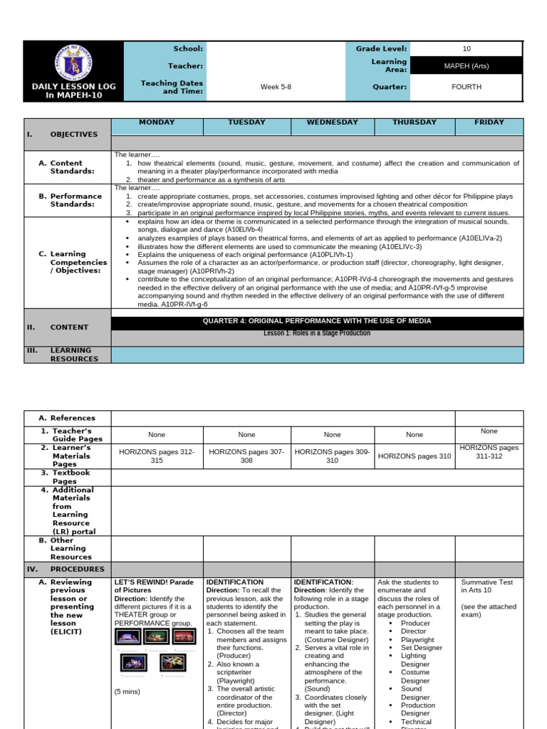MAPEH 10 Daily Lesson Log: Theater Roles | PDF | Learning