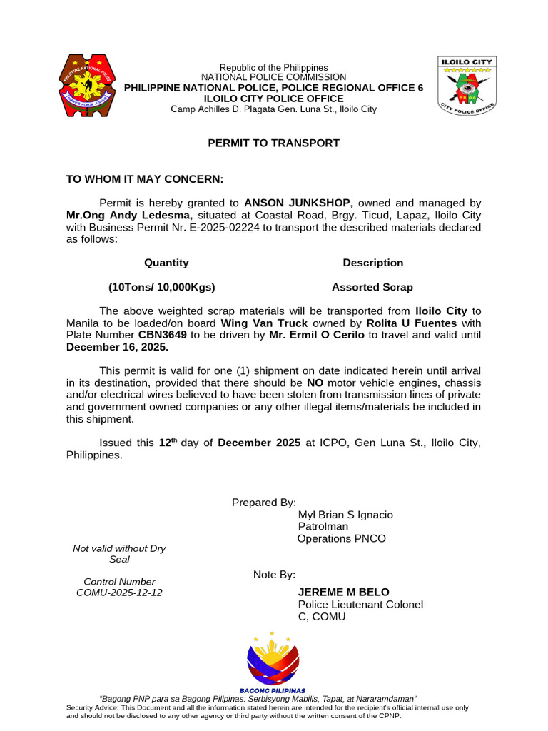 Iloilo City Scrap Transport Permit | PDF | Transport | Philippines