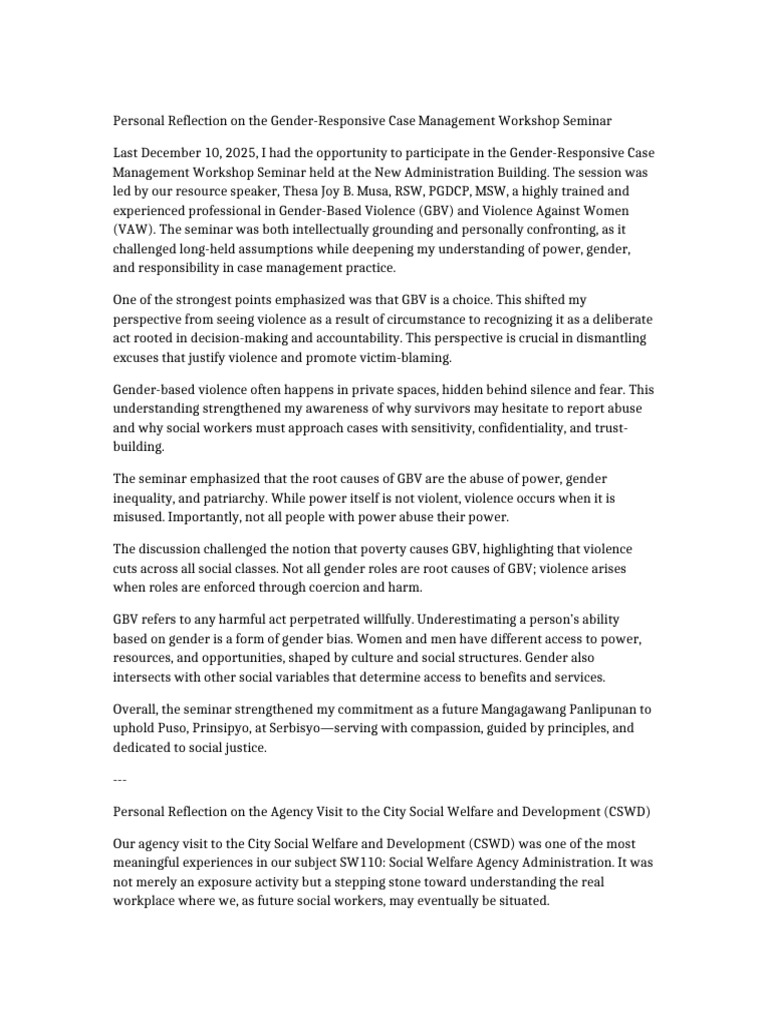 Personal Reflection SW110 and GBV | PDF | Violence | Domestic Violence