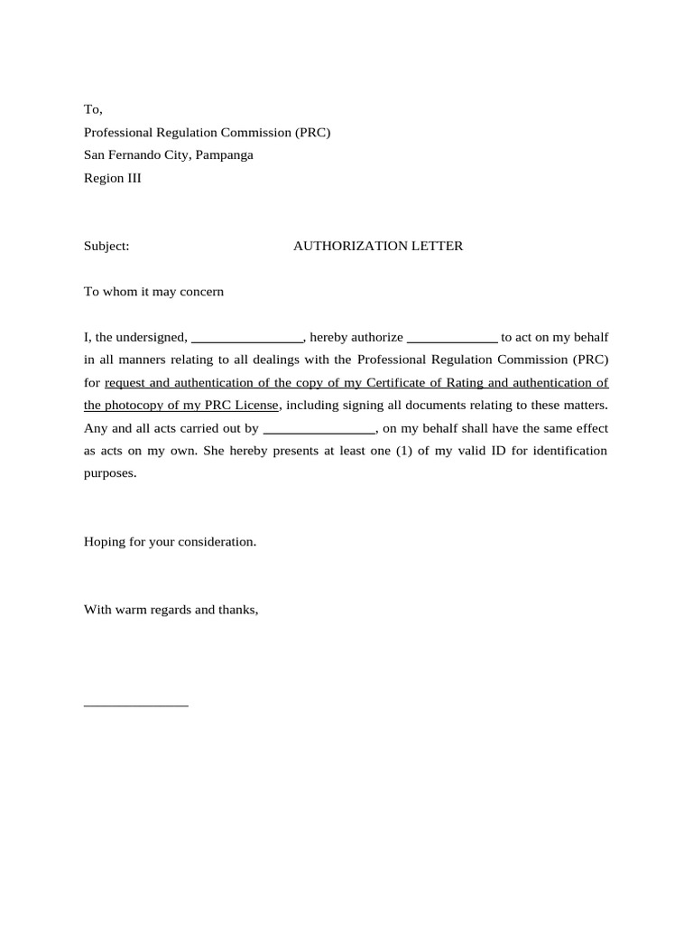 PRC Authorization Letter Template | PDF