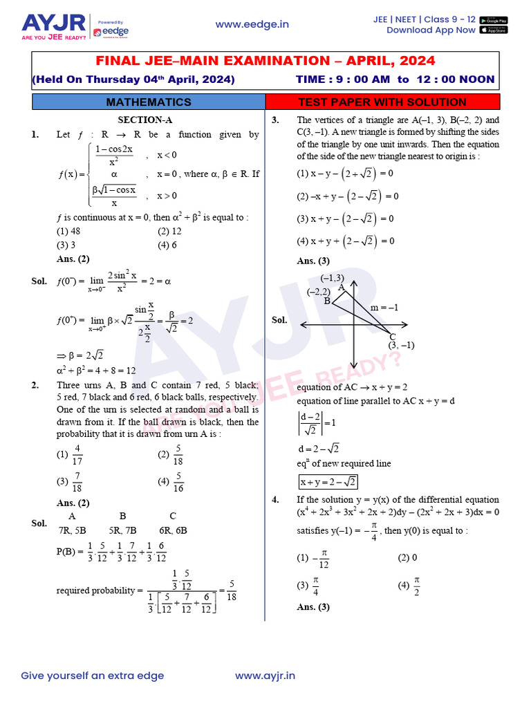 JEE Main April 2024 Mathematics Solutions | PDF | Elementary ...